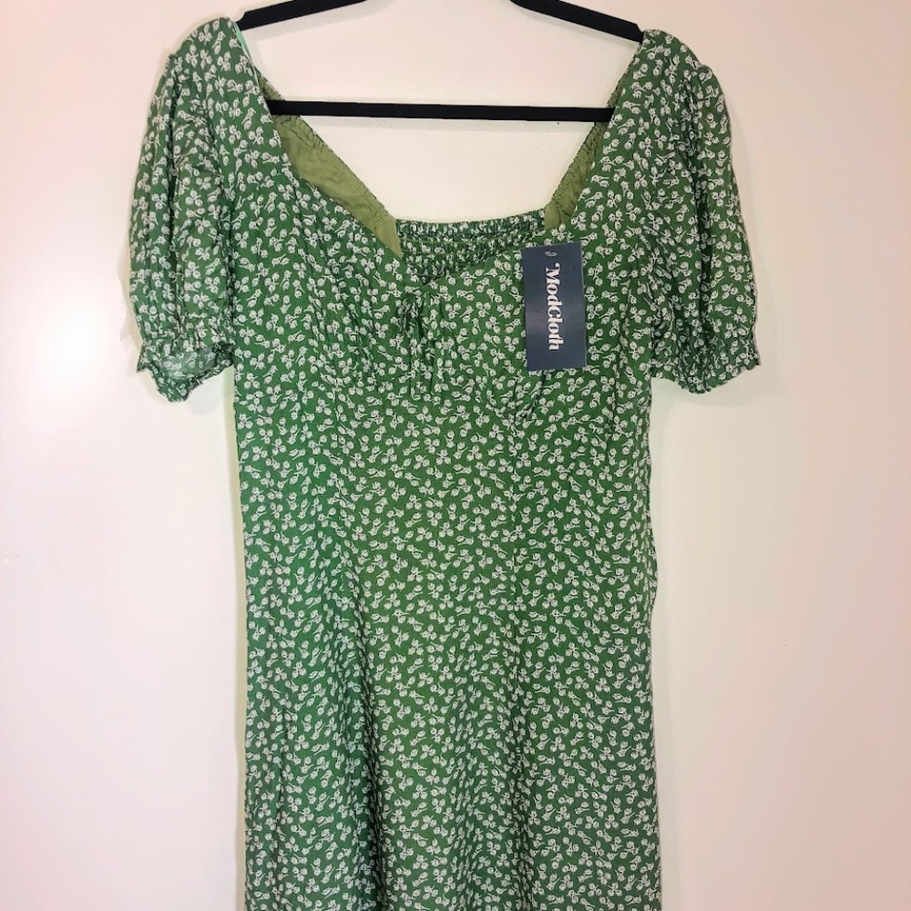 Modcloth The Right Puff Green Ditsy Floral Puff Sleeve Sundress